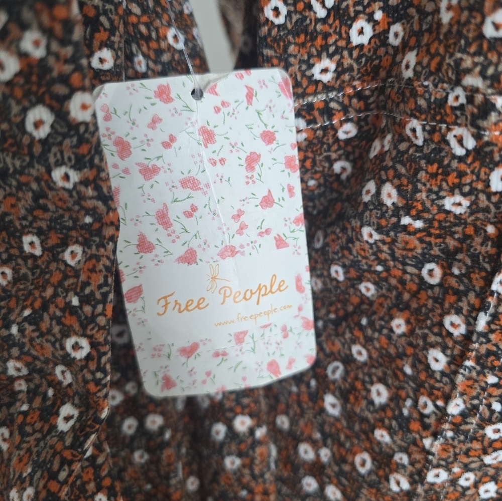 Free People Call Me Cord Brown Floral Mini Dress Button Front Boho Size 10 NWT - Picture 8 of 13